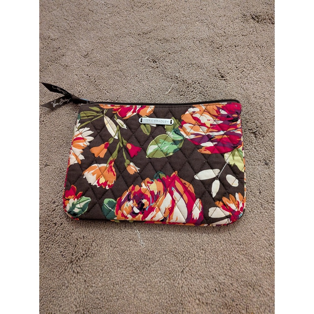Vera Bradley Quilted Floral Cosmetic Bag Brown Pink Orange Zip Pouch Accessory